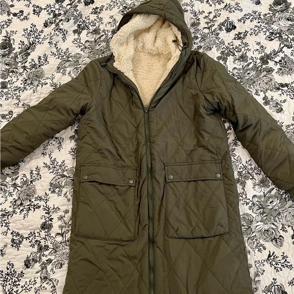 Olive Quilted Hooded Coat